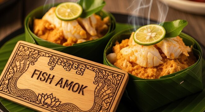 Royal Cambodian Fish Amok Steamed Curry in Banana Leaf with Engraved Koki Wood Sign Featuring Naga and Lotus Motifs