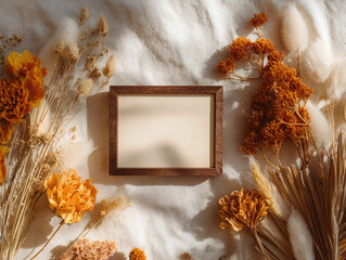 Decorative wooden frame surrounded by dried flowers and grasses  