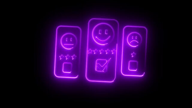 Customer service evaluation concept. smiling  using a smartphone And  a smiling icon on virtual screen in satisfaction. black background 4k video .