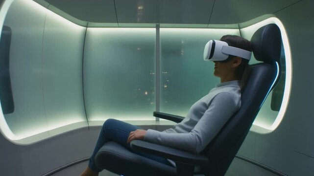 Woman wearing virtual reality headset immersed in futuristic gaming pod experiencing digital