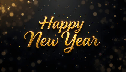 Golden Happy New Year text on sparkling black background