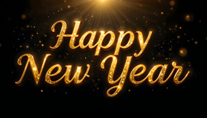 Golden Happy New Year text with sparkling effect on black background