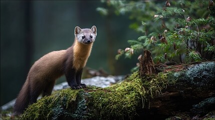 Obraz premium Pine marten, a small mammal, looking directly at viewer while standing on a moss covered fallen log in its natural forest habitat, highlighting wildlife and nature