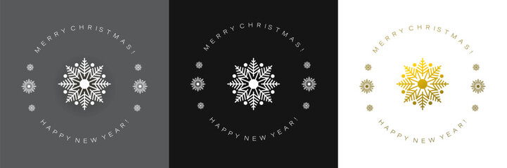 Christmas snowflakes. Set. Emblem design, icon with greetings. Merry Christmas. Happy New Year. 