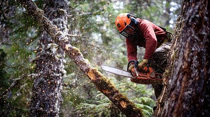 Arborist wearing safety gear operating a powerful chainsaw high in a tree, cutting branches and creating a cloud of sawdust and wood chips in the forest