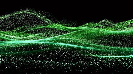 Green luminous particles form a dynamic abstract wave across a black background, suggesting flowing data, network connections and futuristic energy motion in cyberspace visualization