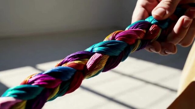 Hand holding colorful braided rope symbolizing strength and unity