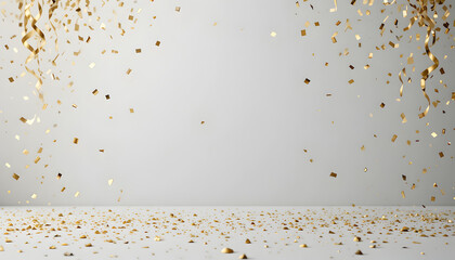 Golden confetti falling on white background with empty space for celebration