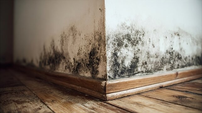 Black mold is growing on the painted wall and wooden skirting board in a house corner, indicating severe damp, moisture damage, and an unhealthy environment requiring remediation