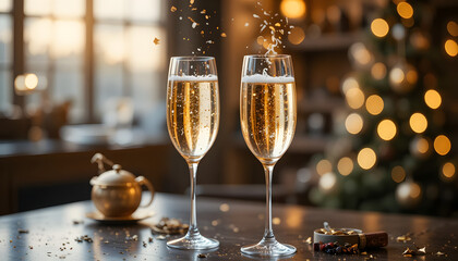 Champagne glasses celebrating New Year's Eve with confetti and Christmas tree lights