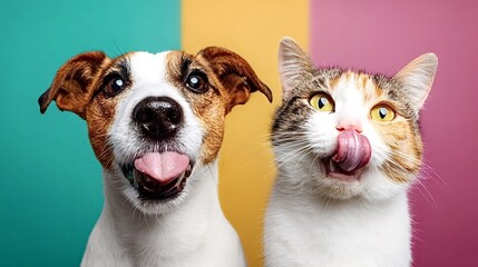 Friendly dog panting with tongue out beside a focused cat licking its nose, both animals showing playful and hungry expressions against a vibrant studio backdrop
