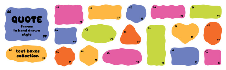 Organic frame with quotation mark, wavy text box and irregular shapes doodle. Abstract geometric border. Empty fluid form. Hand drawn vector illustration isolated on white background.