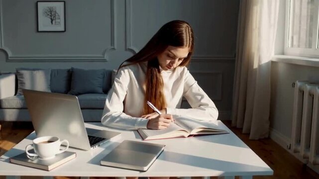 Young woman writing in notebook at desk with natural light
