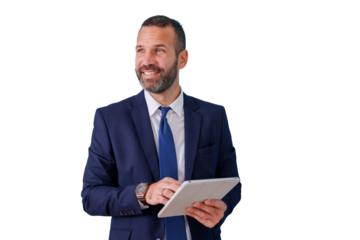 Businessman in navy suit holding digital tablet looking away with a smiling expression, finding opportunity, transparent background
