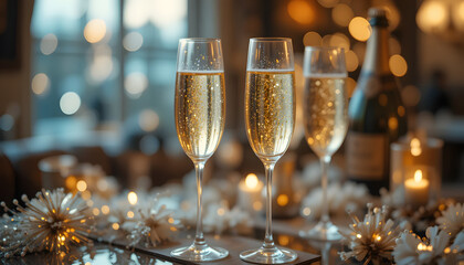 Champagne glasses on a festive table with sparkling decorations and a bottle