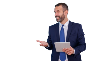 Mature businessman presenting ideas, holding tablet, speaking during online meeting, smiling, looking away with copy space