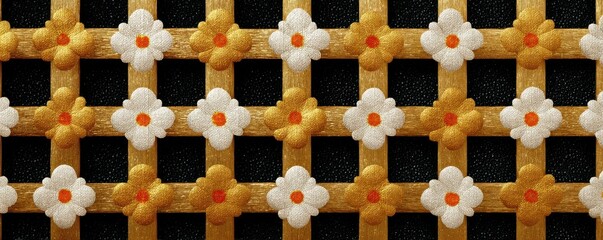 Gold foil lattice with white flowers pattern on black background for decorative seamless design