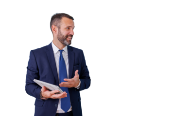 Confident businessman explaining during a presentation, holding a tablet on transparent background