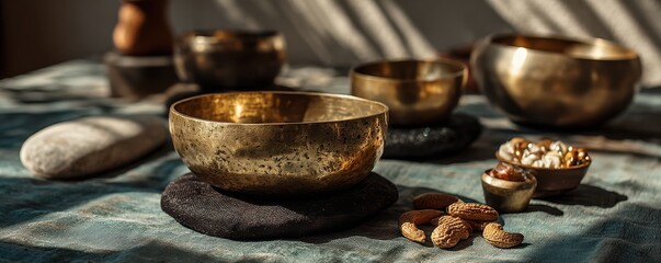 Brass singing bowls on a calming meditation space with almonds and stones for peaceful focus