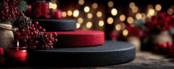 Red and black podium with Christmas decor and warm candlelight for festive display