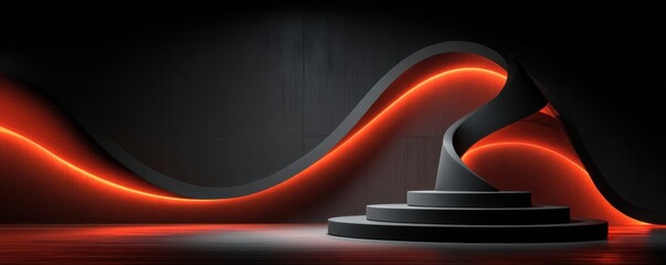 Abstract black room with red neon wave and circular stepped pedestal for dramatic modern art