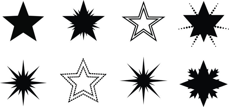 Collection of diverse star shapes in black and white on transparent background silhouette
