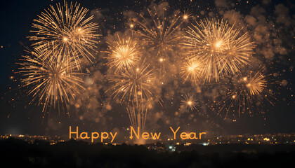 Vibrant fireworks display celebrating Happy New Year at night