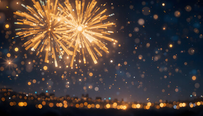 Vibrant fireworks exploding in night sky with bokeh lights