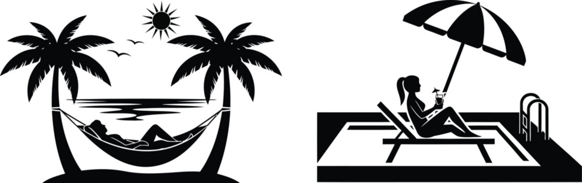 Tropical beach scene with hammock and poolside relaxation on transparent background silhouette