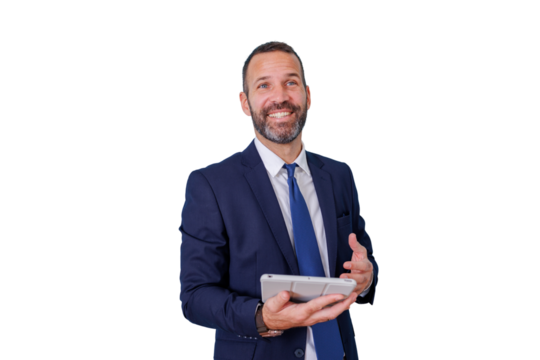 Professional businessman presenting digital marketing strategy, holding tablet, talking, smiling with transparent background - Powered by Adobe