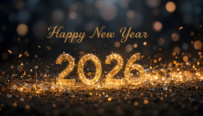Celebrate Happy New Year 2026 with sparkling golden lights and festive decorations