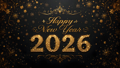 Happy New Year 2026 gold text on black background with snowflakes