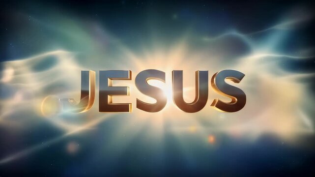 Moving Jesus text with shining light on a celestial bright and dark background. Religious worship and spiritual sermon concept.