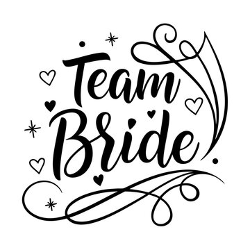 "Team Bride" elegant script logo with decorative hearts and swirls for bachelorette.