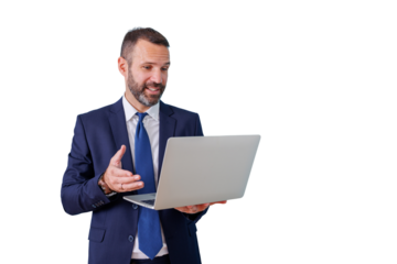 Businessman having video call using laptop, communicating, smiling during online meeting on transparent background