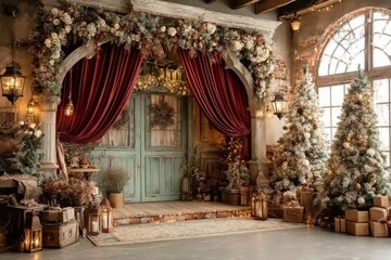 Elegant Christmas stage backdrop with red curtains, floral arch, and decorated trees