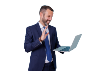 Businessman waving hand during video call on laptop, smiling and having a virtual conversation, transparent background