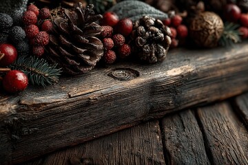 Dark wooden background with festive Christmas decorations including pine cones and red berries