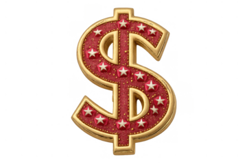 Dollar sign featuring a luxurious gold border and sparkling red texture with white stars, representing success and wealth