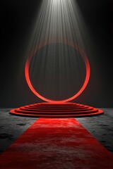 Red circular ring stage with glowing steps and spotlight, perfect for product presentation and launch