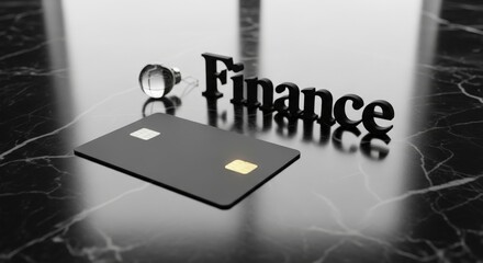 Elegant Matte Black Credit Card with Glowing Gold Chip and Wooden Finance Letters on Dark Polished Marble Surface with Crystal Sphere - Luxury Banking Concept