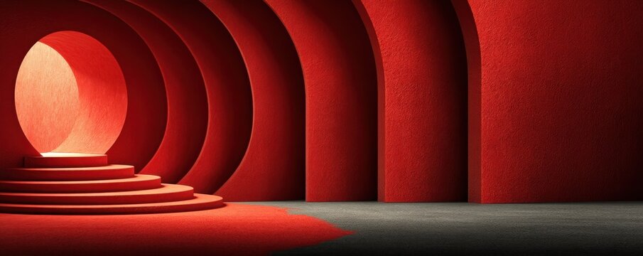 Abstract red interior with circular arches and stepped podium creating dramatic symmetrical architecture
