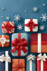 Festive gift boxes with ribbons on blue background surrounded by snowflakes and ornaments