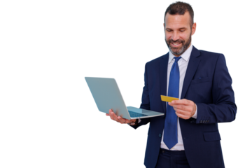 Man in a suit is using a laptop and credit card to securely make online purchases and conduct e-commerce transactions