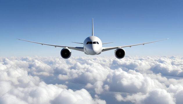 White Airplane Boeing 787 Modern Passenger Jet Plane Flying Above White Clouds and Blue Sky Front View Angle