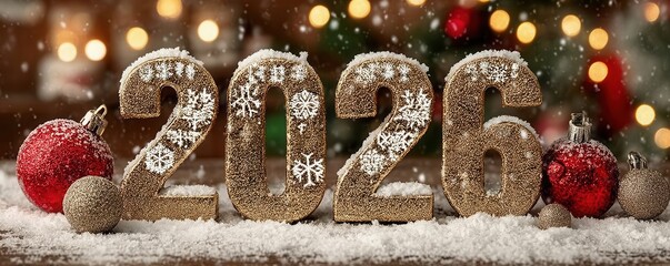 Golden 2026 numbers with snow and festive ornaments for holiday celebration and year-end cheer