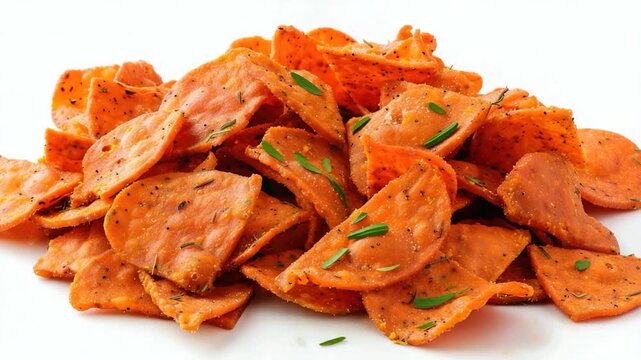 Video Freshly baked sweet potato chips served on a white plate, perfect for snacking or as a side dish