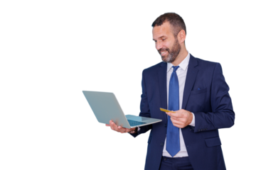 Businessman enjoying online shopping, holding laptop and credit card, making quick digital payment, transparent background