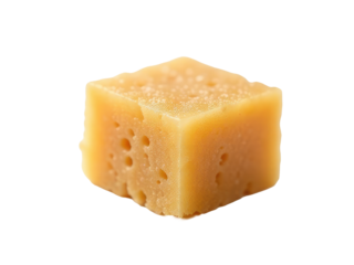 A slice of cheese sits on a white surface, great for food photography or still life compositions