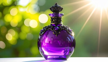 Ornate purple potion bottle with intricate dark trim against a blurred green backdrop